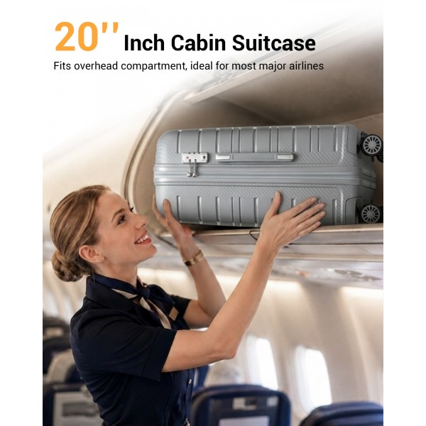 KSK2692 - Kono 20 Inch PP Hardshell Cabin Suitcase | YKK Zipper TSA Lock Carry On Luggage - Grey