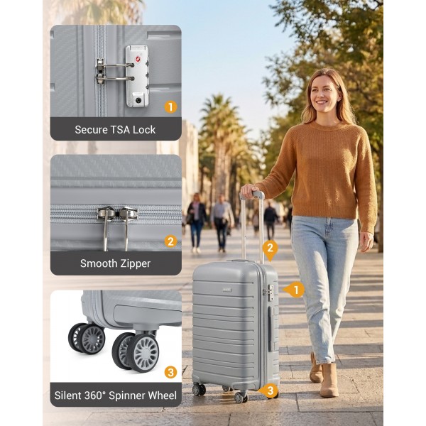 KSK2692 - Kono 20 Inch PP Hardshell Cabin Suitcase | YKK Zipper TSA Lock Carry On Luggage - Grey