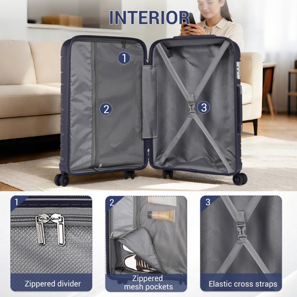 KSK2692 - Kono 24 Inch PP Hardshell Suitcase | YKK Zipper TSA Lock Medium Spinner Luggage - Navy