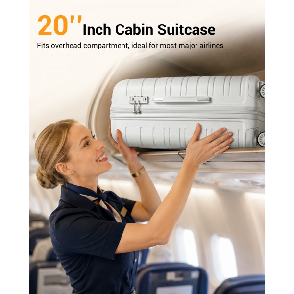 KSK2692 - Kono 20 Inch PP Hardshell Cabin Suitcase | YKK Zipper TSA Lock Carry On Luggage - White