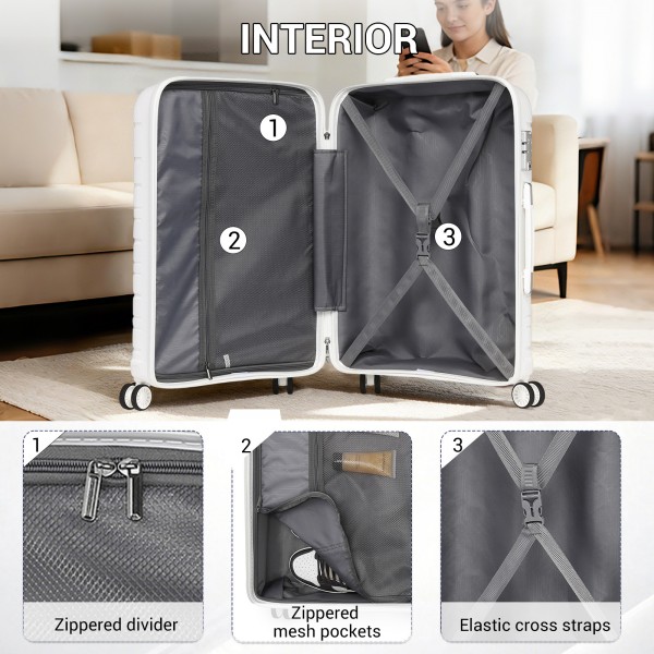 KSK2692 - Kono 24 Inch PP Hardshell Suitcase | YKK Zipper TSA Lock Medium Spinner Luggage - White