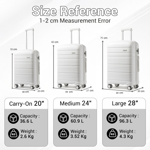 KSK2692 - Kono 24 Inch PP Hardshell Suitcase | YKK Zipper TSA Lock Medium Spinner Luggage - White
