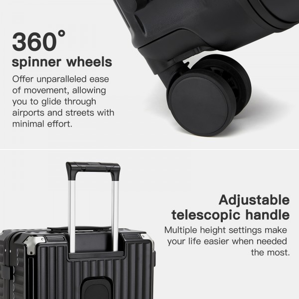 KSK2693 - Kono 3-Piece Zipperless Aluminium Frame Luggage Set with TSA Lock, Smart Travel Features - Black
