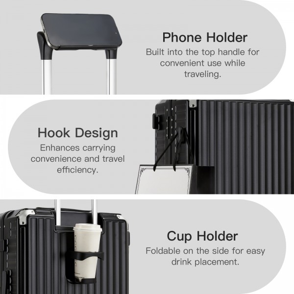 KSK2693 - Kono 3-Piece Zipperless Aluminium Frame Luggage Set with TSA Lock, Smart Travel Features - Black