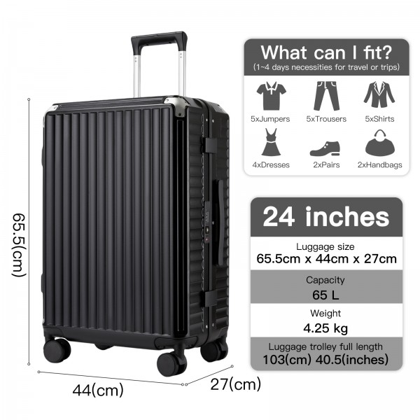 KSK2693 - Kono 24-Inch Zipperless Medium Suitcase with Reinforced Aluminium Frame, TSA Lock, Checked Luggage with Smart Travel Features - Black