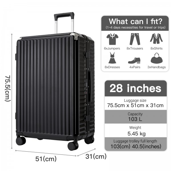 KSK2693 - Kono 28-Inch Large Suitcase with Reinforced Aluminium Frame, TSA Lock, Checked Luggage with Smart Travel Features - Black