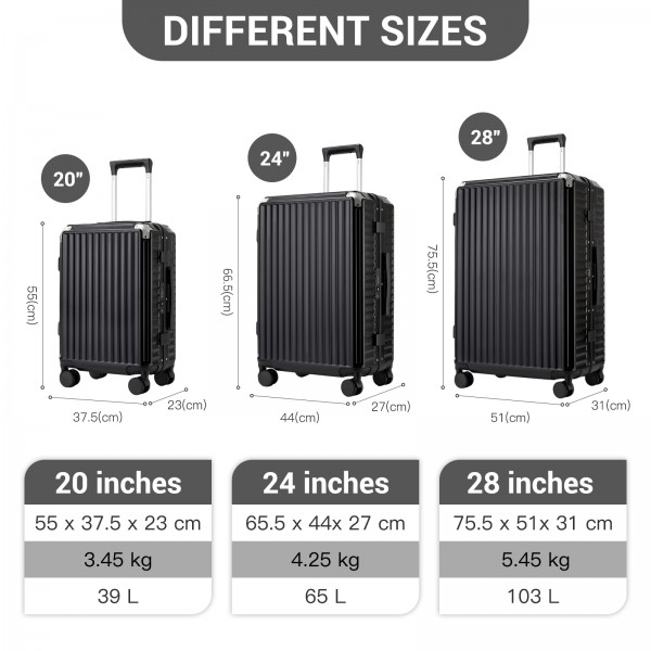 KSK2693 - Kono 3-Piece Zipperless Aluminium Frame Luggage Set with TSA Lock, Smart Travel Features - Black