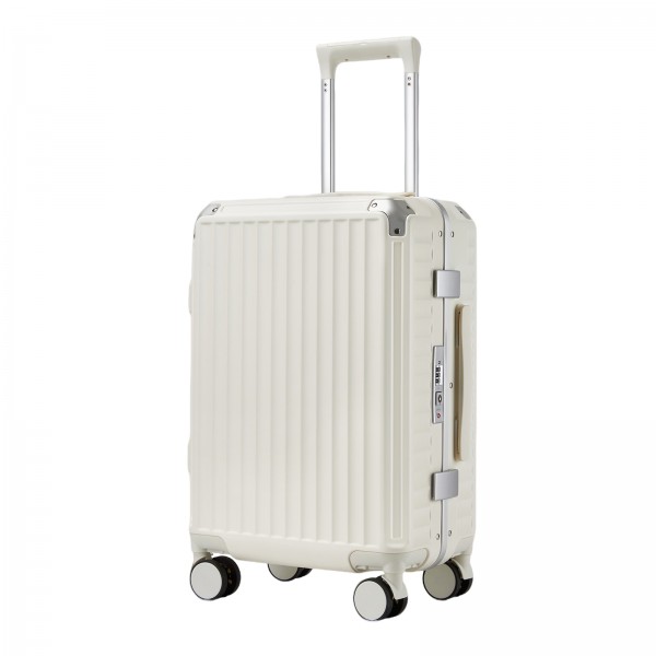 KSK2693 - Kono 20-Inch Zipperless Aluminium Frame PC Hard Shell Carry-on Suitcase – Smart Lock Travel Luggage with Phone Holder & Cup Holder - White