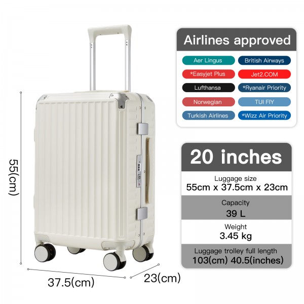 KSK2693 - Kono 20-Inch Zipperless Aluminium Frame PC Hard Shell Carry-on Suitcase – Smart Lock Travel Luggage with Phone Holder & Cup Holder - White