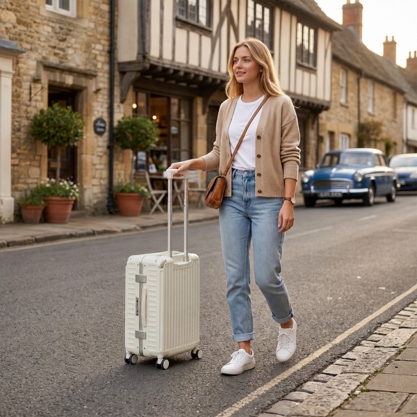 KSK2693 - Kono 20-Inch Zipperless Aluminium Frame PC Hard Shell Carry-on Suitcase – Smart Lock Travel Luggage with Phone Holder & Cup Holder - White