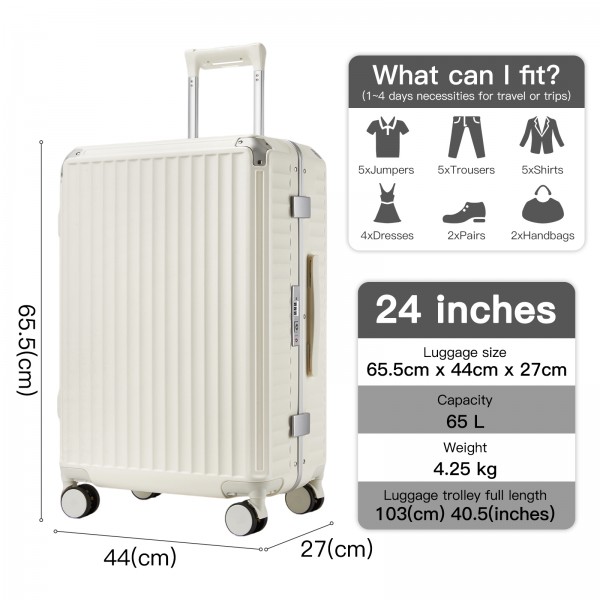 KSK2693 - Kono 24-Inch Zipperless Medium Suitcase with Reinforced Aluminium Frame, TSA Lock, Checked Luggage with Smart Travel Features - White