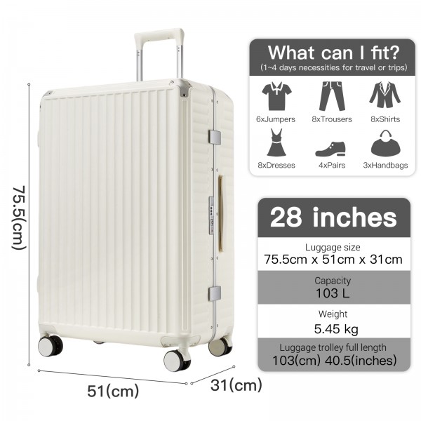 KSK2693 - Kono 28-Inch Large Suitcase with Reinforced Aluminium Frame, TSA Lock, Checked Luggage with Smart Travel Features - White
