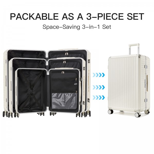 KSK2693 - Kono 3-Piece Zipperless Aluminium Frame Luggage Set with TSA Lock, Smart Travel Features - White