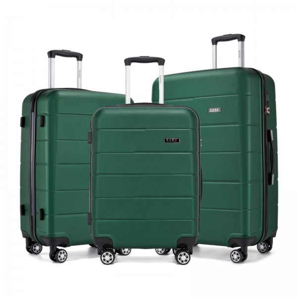KSK2694 - Kono 20/24/28 Inch PC Hard Shell Suitcase Set, Lightweight Luggage with Silent Wheels & Organised Interior - Green And Black