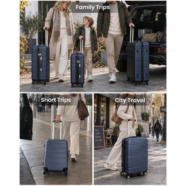 KSK2694 - Kono 20/24/28 Inch PC Hard Shell Suitcase Set, Lightweight Luggage with Silent Wheels & Organised Interior - Navy And Black