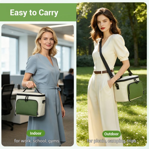 LBK2534 - Kono Isolierte Lunchtasche - Wasserfester Lebensmittelbehälter mit 4 Schichten, auslaufsicher, tragbar mit verstellbarem Schultergurt - Beige und Grün