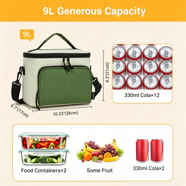 LBK2534 - Kono Isolierte Lunchtasche - Wasserfester Lebensmittelbehälter mit 4 Schichten, auslaufsicher, tragbar mit verstellbarem Schultergurt - Beige und Grün