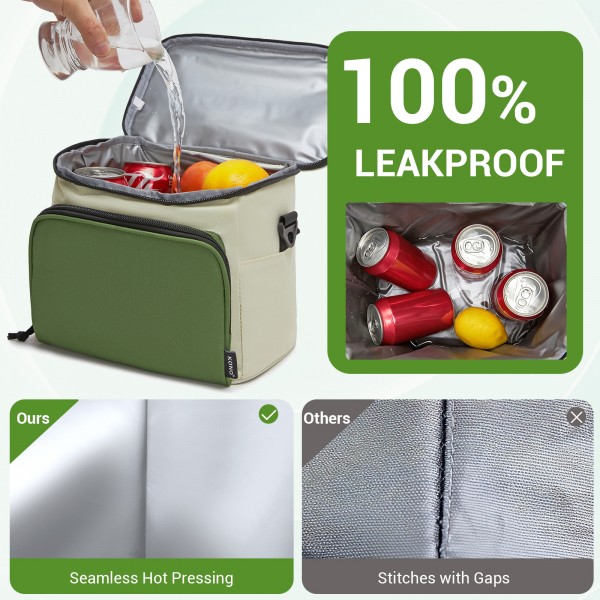 LBK2534 - Kono Isolierte Lunchtasche - Wasserfester Lebensmittelbehälter mit 4 Schichten, auslaufsicher, tragbar mit verstellbarem Schultergurt - Beige und Grün