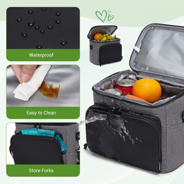 LBK2534 - Kono Isolierte Lunchtasche - Wasserfester Lebensmittelbehälter mit 4 Schichten, auslaufsicher, tragbar mit verstellbarem Schultergurt - Beige und Grün