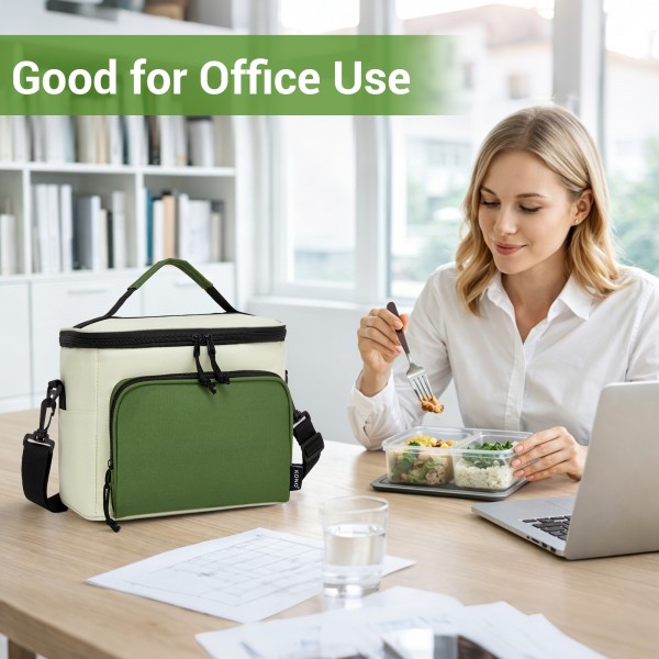 LBK2534 - Kono Isolierte Lunchtasche - Wasserfester Lebensmittelbehälter mit 4 Schichten, auslaufsicher, tragbar mit verstellbarem Schultergurt - Beige und Grün