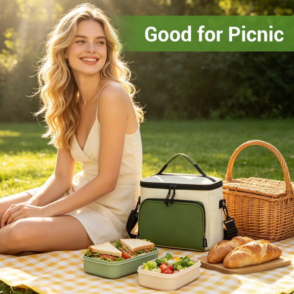 LBK2534 - Kono Isolierte Lunchtasche - Wasserfester Lebensmittelbehälter mit 4 Schichten, auslaufsicher, tragbar mit verstellbarem Schultergurt - Beige und Grün