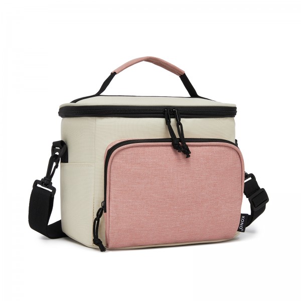 LBK2534 - Kono Isolierte Lunchtasche - Wasserfester Lebensmittelbehälter mit 4 Schichten, auslaufsicher, tragbar mit verstellbarem Schultergurt - Beige und Rosa