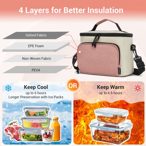 LBK2534 - Kono Isolierte Lunchtasche - Wasserfester Lebensmittelbehälter mit 4 Schichten, auslaufsicher, tragbar mit verstellbarem Schultergurt - Beige und Rosa