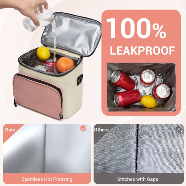 LBK2534 - Kono Isolierte Lunchtasche - Wasserfester Lebensmittelbehälter mit 4 Schichten, auslaufsicher, tragbar mit verstellbarem Schultergurt - Beige und Rosa
