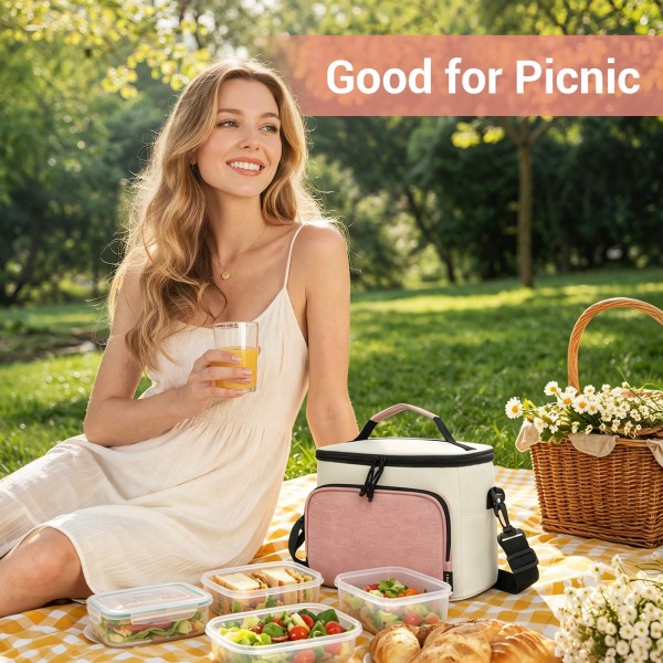 LBK2534 - Kono Isolierte Lunchtasche - Wasserfester Lebensmittelbehälter mit 4 Schichten, auslaufsicher, tragbar mit verstellbarem Schultergurt - Beige und Rosa