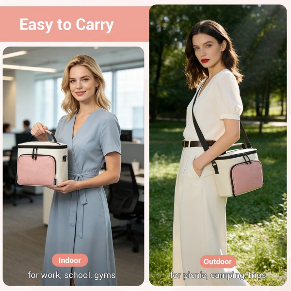 LBK2534 - Kono Isolierte Lunchtasche - Wasserfester Lebensmittelbehälter mit 4 Schichten, auslaufsicher, tragbar mit verstellbarem Schultergurt - Beige und Rosa