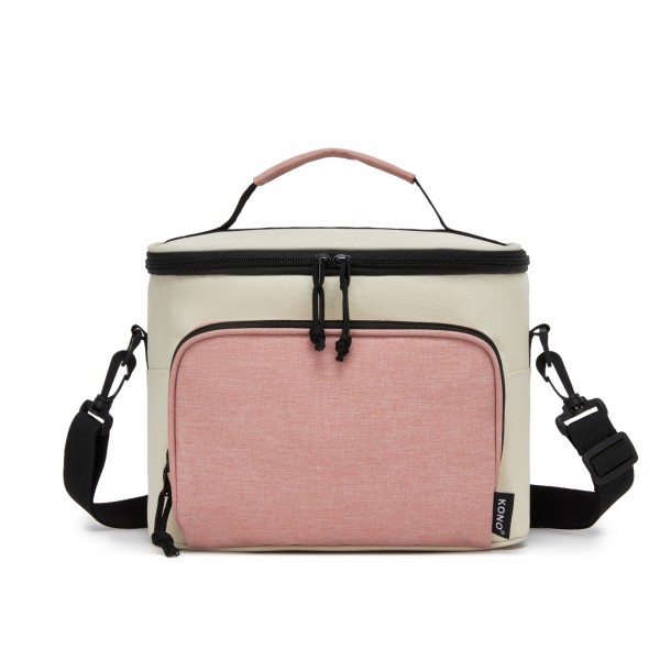 LBK2534 - Kono Isolierte Lunchtasche - Wasserfester Lebensmittelbehälter mit 4 Schichten, auslaufsicher, tragbar mit verstellbarem Schultergurt - Beige und Rosa