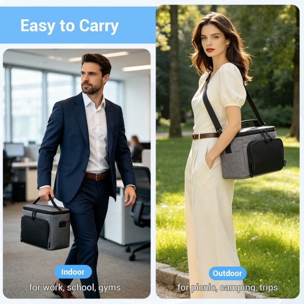 LBK2534 - Kono Isolierte Lunchtasche - Wasserfester Lebensmittelbehälter mit 4 Schichten, auslaufsicher, tragbar mit verstellbarem Schultergurt - Grau und Schwarz