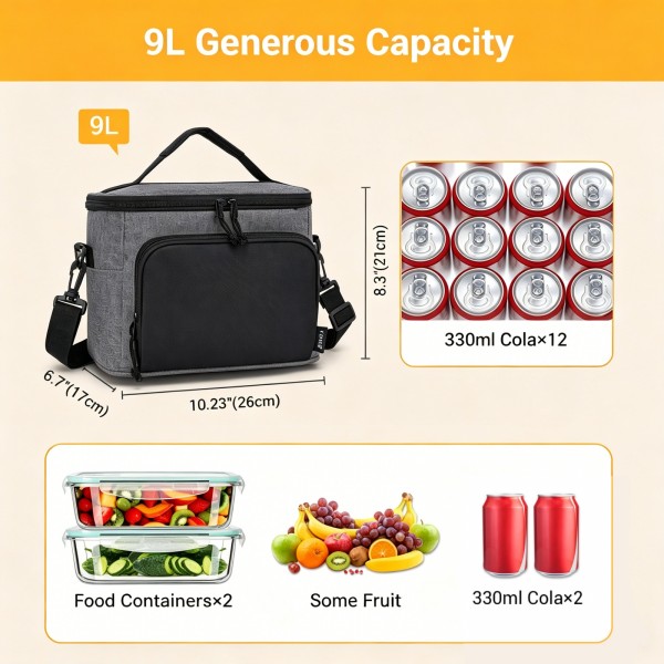 LBK2534 - Kono Isolierte Lunchtasche - Wasserfester Lebensmittelbehälter mit 4 Schichten, auslaufsicher, tragbar mit verstellbarem Schultergurt - Grau und Schwarz