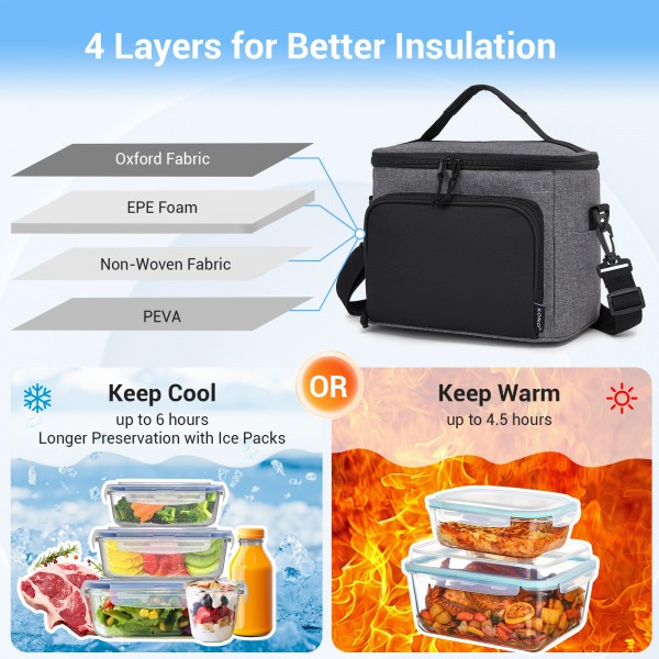 LBK2534 - Kono Isolierte Lunchtasche - Wasserfester Lebensmittelbehälter mit 4 Schichten, auslaufsicher, tragbar mit verstellbarem Schultergurt - Grau und Schwarz