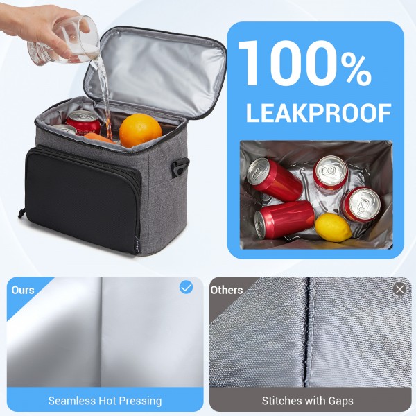 LBK2534 - Kono Isolierte Lunchtasche - Wasserfester Lebensmittelbehälter mit 4 Schichten, auslaufsicher, tragbar mit verstellbarem Schultergurt - Grau und Schwarz