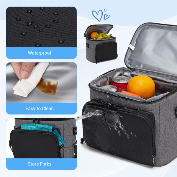LBK2534 - Kono Isolierte Lunchtasche - Wasserfester Lebensmittelbehälter mit 4 Schichten, auslaufsicher, tragbar mit verstellbarem Schultergurt - Grau und Schwarz