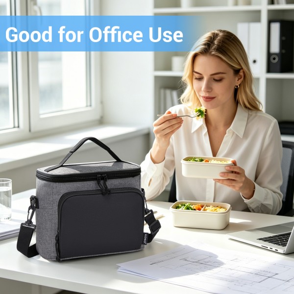 LBK2534 - Kono Isolierte Lunchtasche - Wasserfester Lebensmittelbehälter mit 4 Schichten, auslaufsicher, tragbar mit verstellbarem Schultergurt - Grau und Schwarz