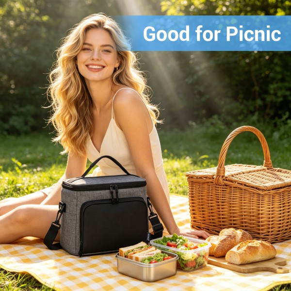 LBK2534 - Kono Isolierte Lunchtasche - Wasserfester Lebensmittelbehälter mit 4 Schichten, auslaufsicher, tragbar mit verstellbarem Schultergurt - Grau und Schwarz