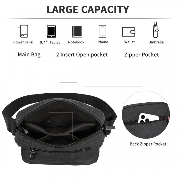 MSK2455 - Kono Canvas Crossbody Shoulder Bag – Multi-Pocket Messenger Bag with Adjustable Strap and Front Organizer Panel - Black