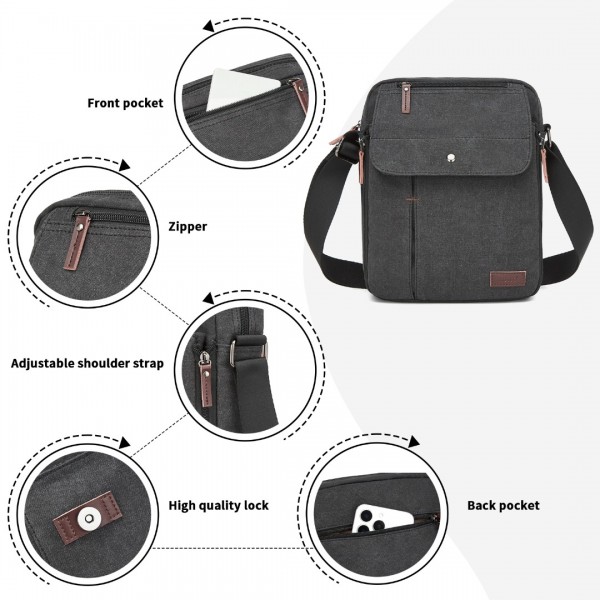 MSK2455 - Kono Canvas Crossbody Shoulder Bag – Multi-Pocket Messenger Bag with Adjustable Strap and Front Organizer Panel - Black