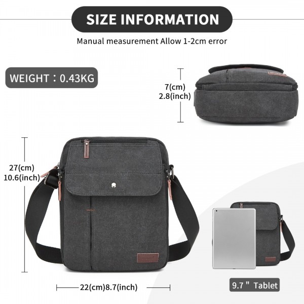 MSK2455 - Kono Canvas Crossbody Shoulder Bag – Multi-Pocket Messenger Bag with Adjustable Strap and Front Organizer Panel - Black