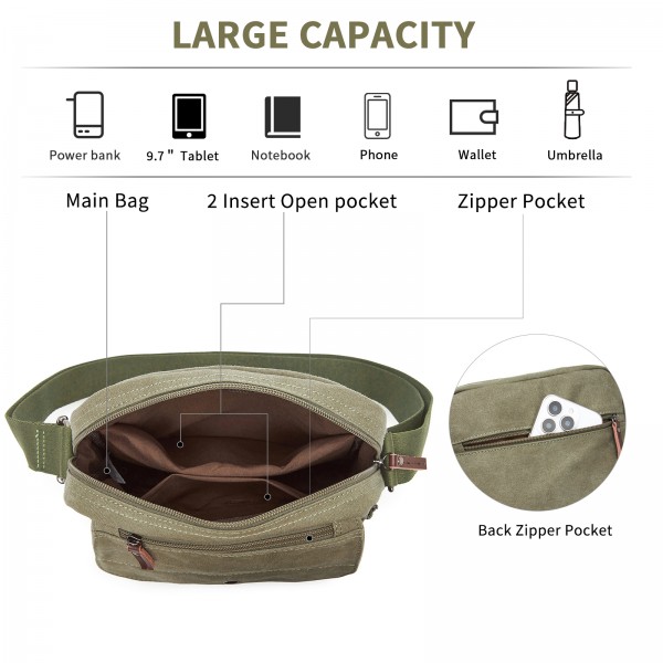 MSK2455 - Kono Canvas Crossbody Shoulder Bag – Multi-Pocket Messenger Bag with Adjustable Strap and Front Organizer Panel - Army green