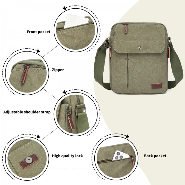 MSK2455 - Kono Canvas Crossbody Shoulder Bag – Multi-Pocket Messenger Bag with Adjustable Strap and Front Organizer Panel - Army green