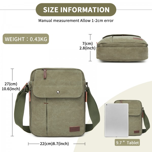 MSK2455 - Kono Canvas Crossbody Shoulder Bag – Multi-Pocket Messenger Bag with Adjustable Strap and Front Organizer Panel - Army green