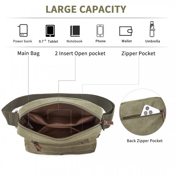 MSK2455 - Kono Canvas Crossbody Shoulder Bag – Multi-Pocket Messenger Bag with Adjustable Strap and Front Organizer Panel - Green
