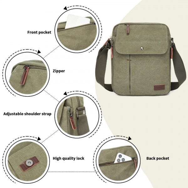 MSK2455 - Kono Canvas Crossbody Shoulder Bag – Multi-Pocket Messenger Bag with Adjustable Strap and Front Organizer Panel - Green