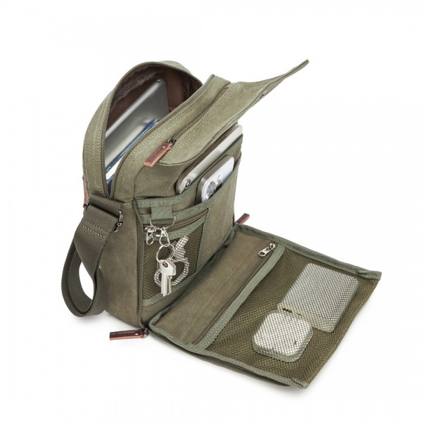 MSK2455 - Kono Canvas Crossbody Shoulder Bag – Multi-Pocket Messenger Bag with Adjustable Strap and Front Organizer Panel - Green