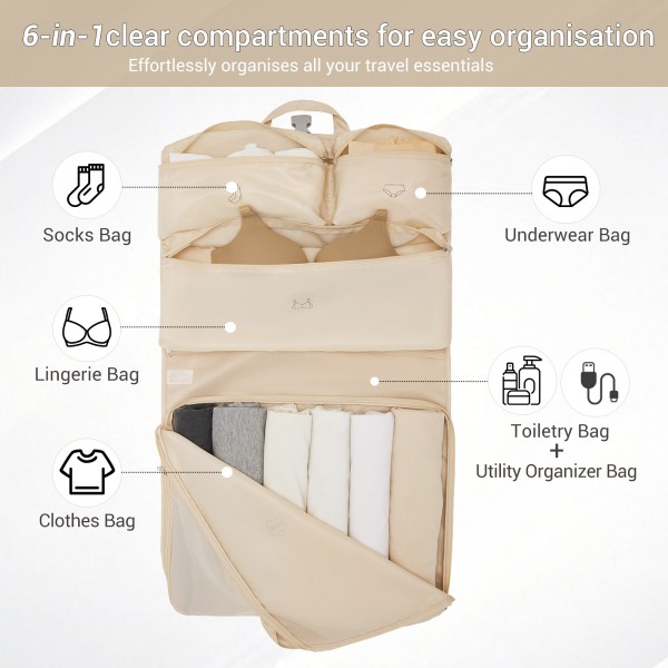 POK2523 - Kono 6-in-1 Hanging Travel Organiser Bag, Portable Foldable Packing Cubes Set with Trolley Sleeve - Beige