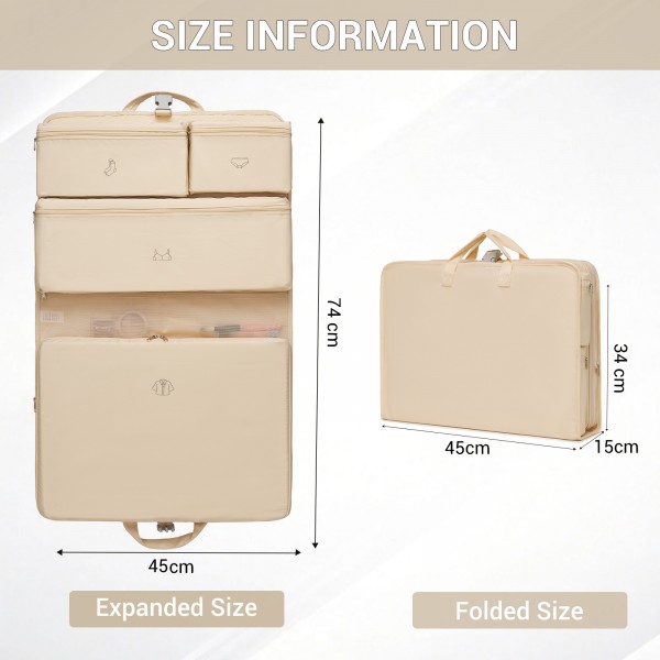 POK2523 - Kono 6-in-1 Hanging Travel Organiser Bag, Portable Foldable Packing Cubes Set with Trolley Sleeve - Beige