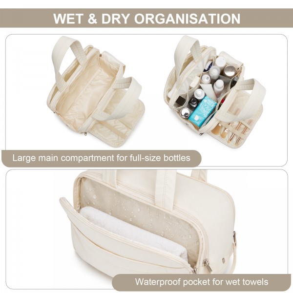 TOK2608 - Kono Gepolsterte Reisekosmetiktasche – Wasserabweisend, Nass-/Trockenfach, große 180°-Öffnung für leichten Zugriff - Beige